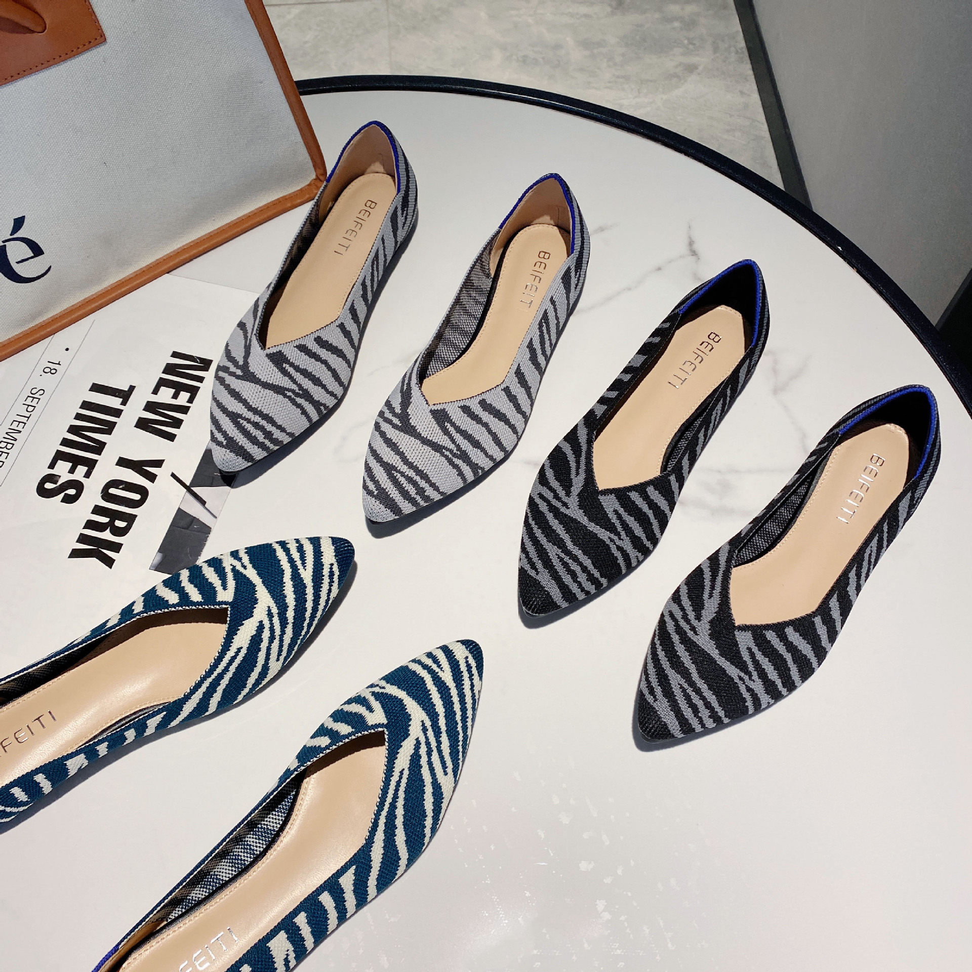 2021条纹编织王妃鞋同款超软尖头浅口外贸针织平底豆豆鞋色拼接,女鞋,浅口单鞋,淘宝优惠券,粉丝福利购,淘宝优惠卷