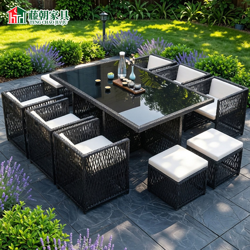 藤朝庭院子收纳户外桌椅藤编组合露天阳台花园室外休闲省空间桌椅