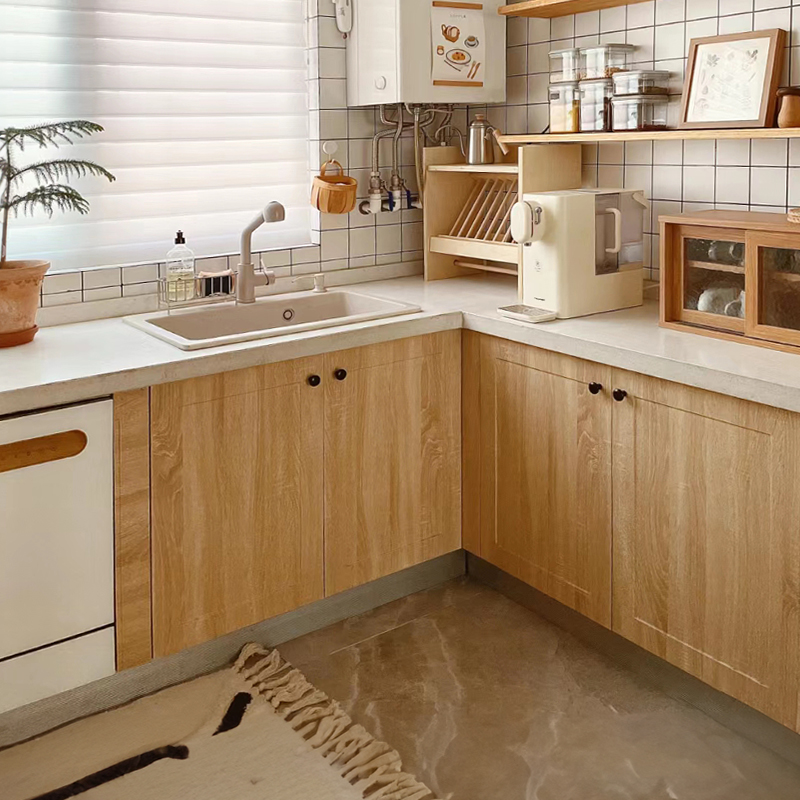 日式原木风厨房橱柜门贴纸家具翻新改色波音软片自粘加厚木纹贴膜