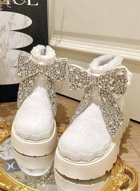 白色厚底增高雪地靴2025新款蕾丝花边水钻蝴蝶结保暖加厚勃肯棉靴