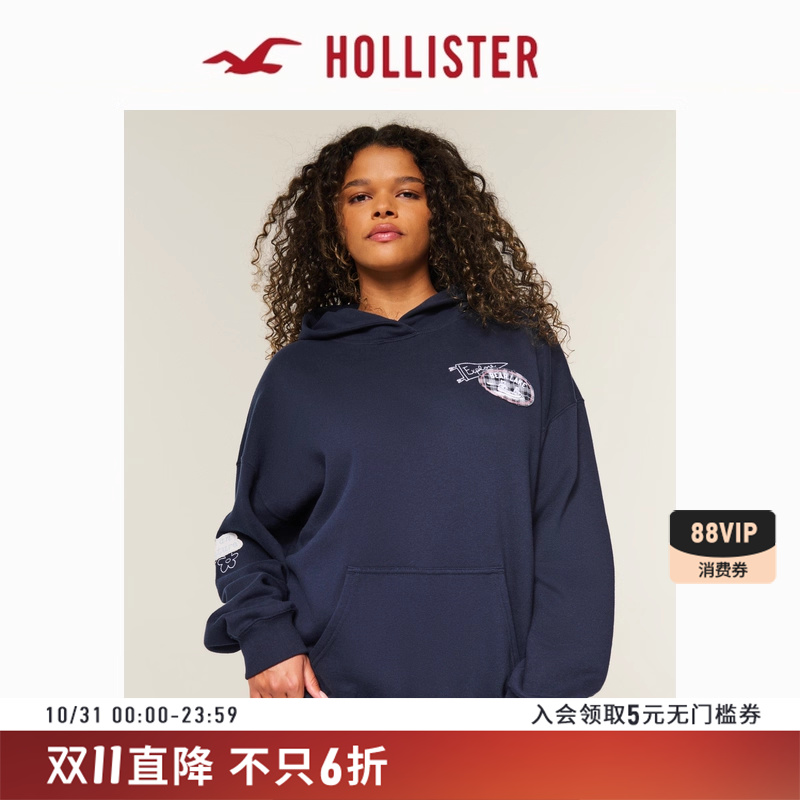 Hollister25秋冬新款宽松抓绒贴布套头连帽卫衣女装352-5256