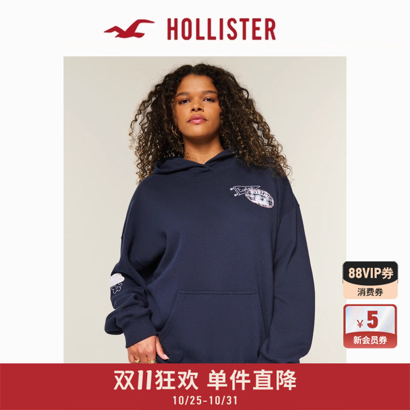 Hollister抓绒贴布套头连帽卫衣