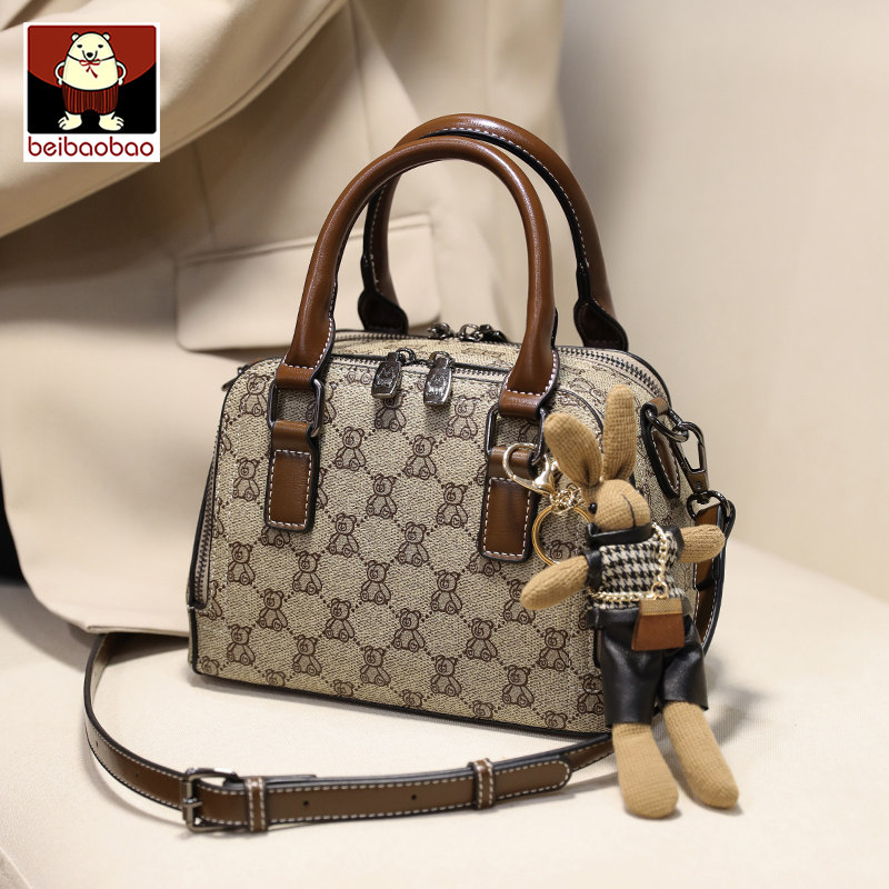 手提包女波士顿小包2023新款复古韩版单肩斜跨包双层拉链小熊印花