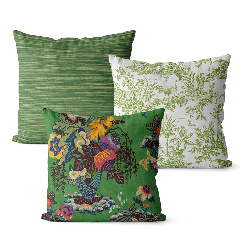 绿色棉麻沙发抱枕古典风格靠垫双面印花客厅装饰床头大靠背午休枕