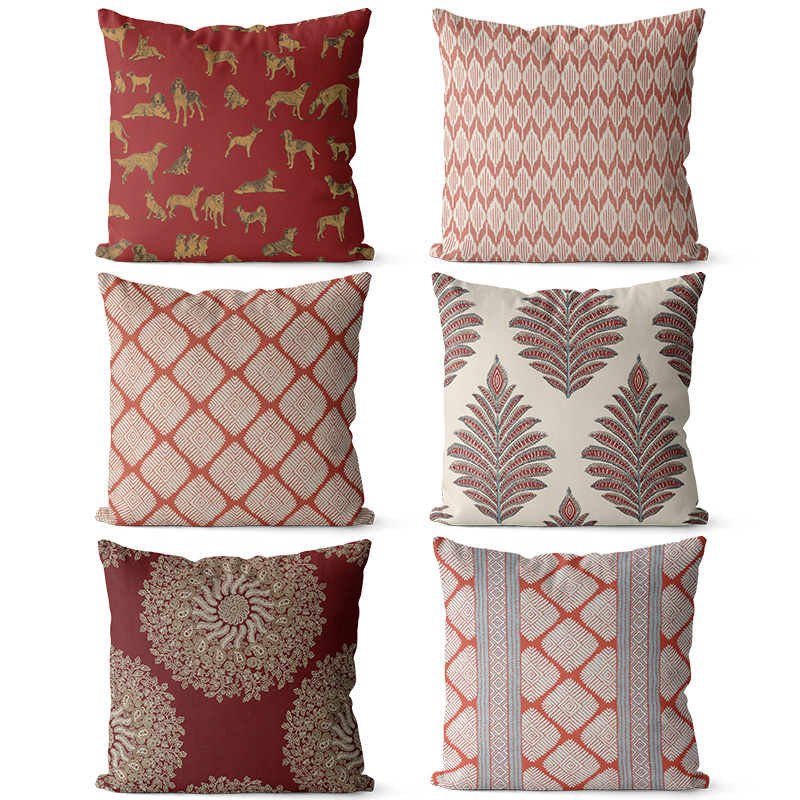 简约几何法式风格棉麻双面沙发抱枕靠垫床头大靠背红色图案腰枕套