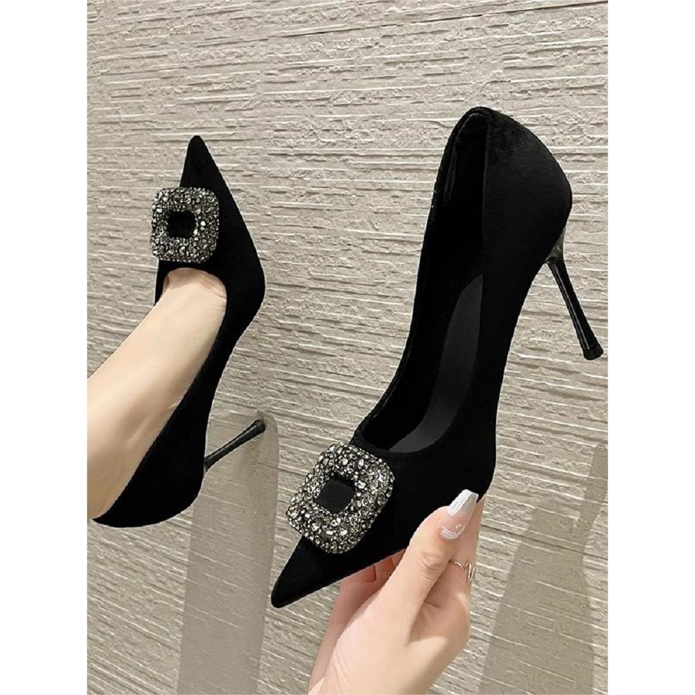 黑色方扣高跟鞋女细跟2025新款名媛气质职业工作百搭尖头水钻单鞋