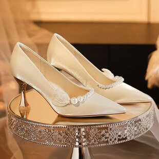 珍珠浅口酒杯跟不累脚婚鞋新娘鞋日常百搭单鞋法式小众设计高跟鞋