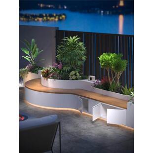 庭院不锈钢花箱坐凳组合户外花园成品弧形花槽座椅造景铁艺定制