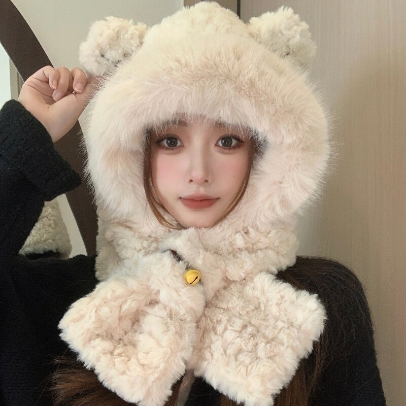 秋冬小熊毛绒保暖帽子围巾一体女