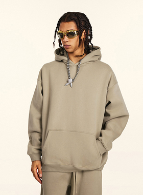 KANYE侃爷高街重磅345G加绒连帽卫衣潮牌宽松纯色休闲保暖帽衫男