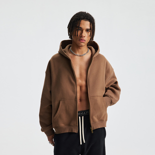 外套秋 纯色宽松连帽拉链开衫 370G加绒boxy短款 卫衣男潮牌高街美式