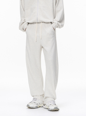 380G重磅弯刀纯色抽绳卫裤男美式高街宽松阔腿垂感运动休闲长裤子