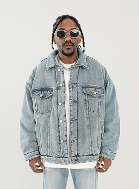 美式复古水洗夹棉加厚牛仔夹克男潮牌高街KANYE宽松棉衣外套冬季