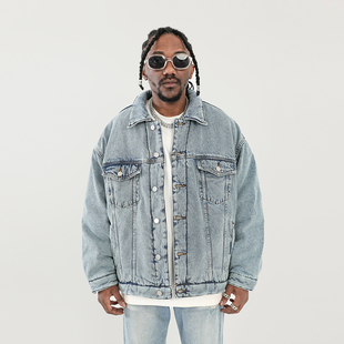 美式 复古水洗夹棉加厚牛仔夹克男潮牌高街KANYE宽松棉衣外套冬季