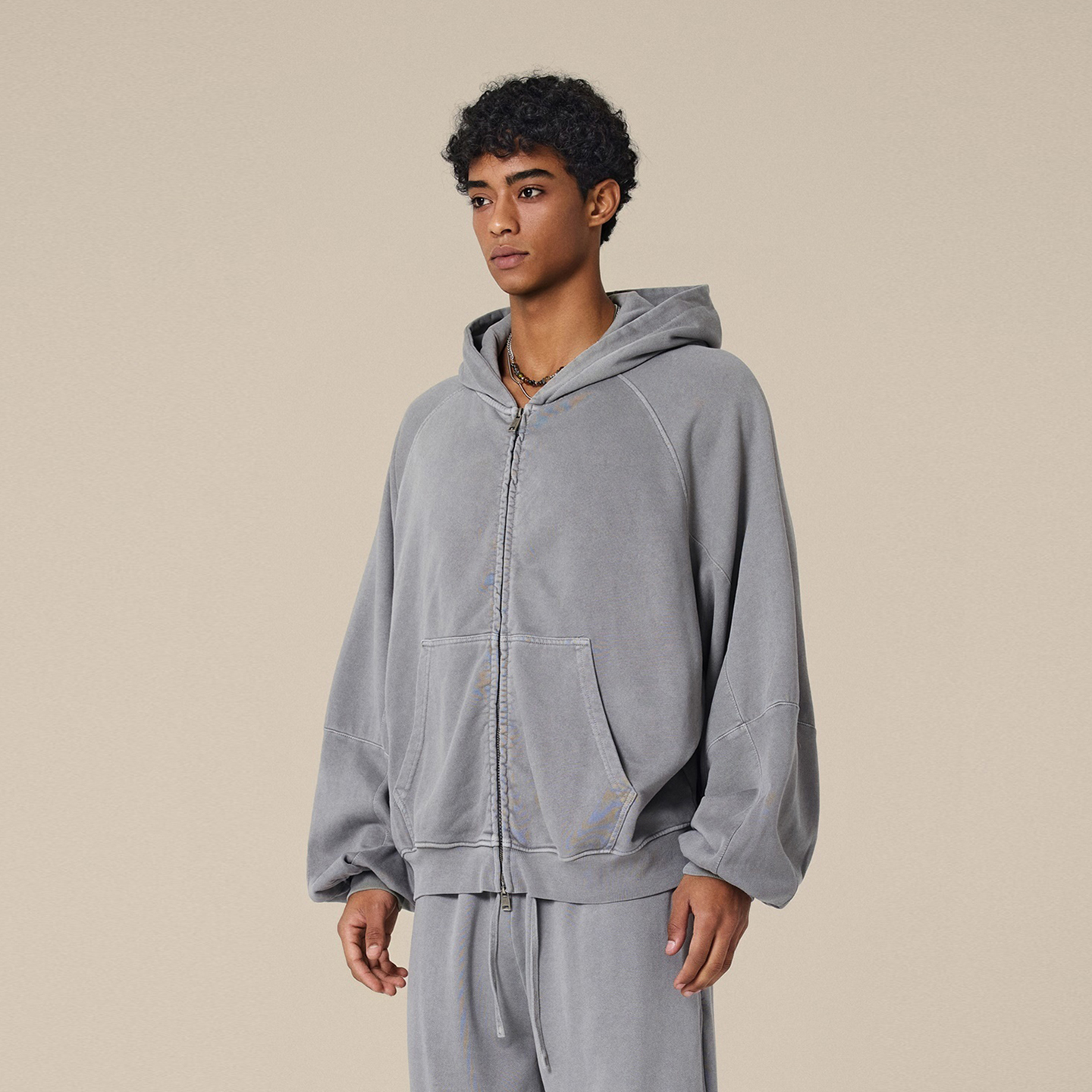 480G重磅水洗廓形连帽开衫卫衣男