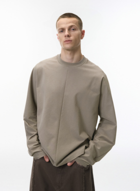 美式高街剪裁弯刀袖打底衫纯色内搭长袖T恤男宽松基础百搭上衣潮