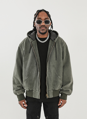 美式高街重磅做旧拉链连帽外套潮牌cleanfit宽松夹棉加厚夹克棉衣