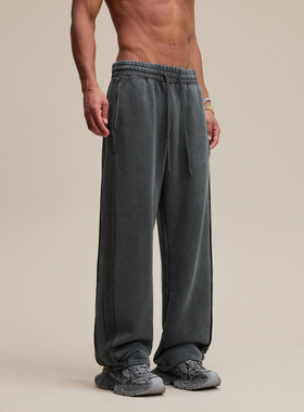 欧美高街宽松直筒休闲裤男复古做旧水洗运动卫裤百搭加绒长裤子