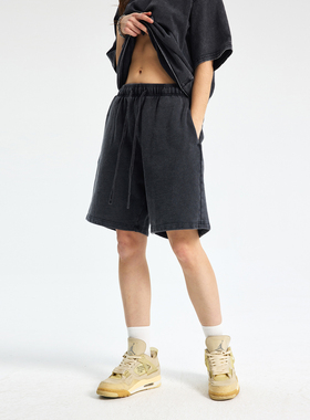 420G重磅水洗做旧毛圈宽松短裤男街头潮牌纯色直筒运动休闲五分裤