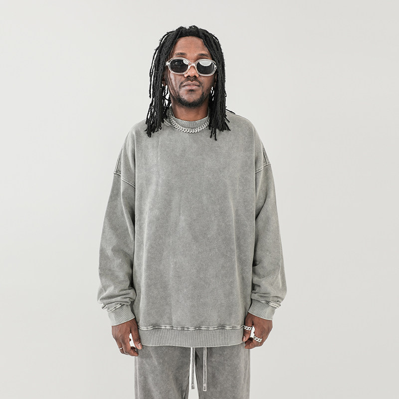 420G重磅洗水蜡染做旧圆领卫衣潮牌ins美式街头休闲百搭宽松上衣