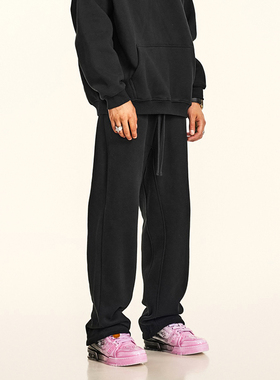 345G加绒纯色宽松直筒卫裤男欧美高街运动保暖加厚秋冬季休闲裤子