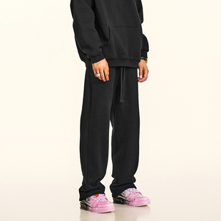 345G加绒纯色宽松直筒卫裤男欧美高街运动保暖加厚秋冬季休闲裤子