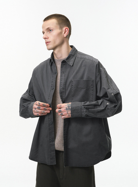 美式复古工装洗水收褶撞钉衬衫男潮牌宽松翻领口袋开衫长袖外套秋