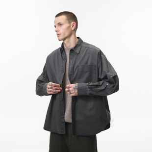 美式复古工装洗水收褶撞钉衬衫男潮牌宽松翻领口袋开衫长袖外套秋