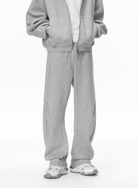 美式街头双褶弯刀加绒纯色卫裤男女潮牌宽松垂坠感运动百搭休闲裤