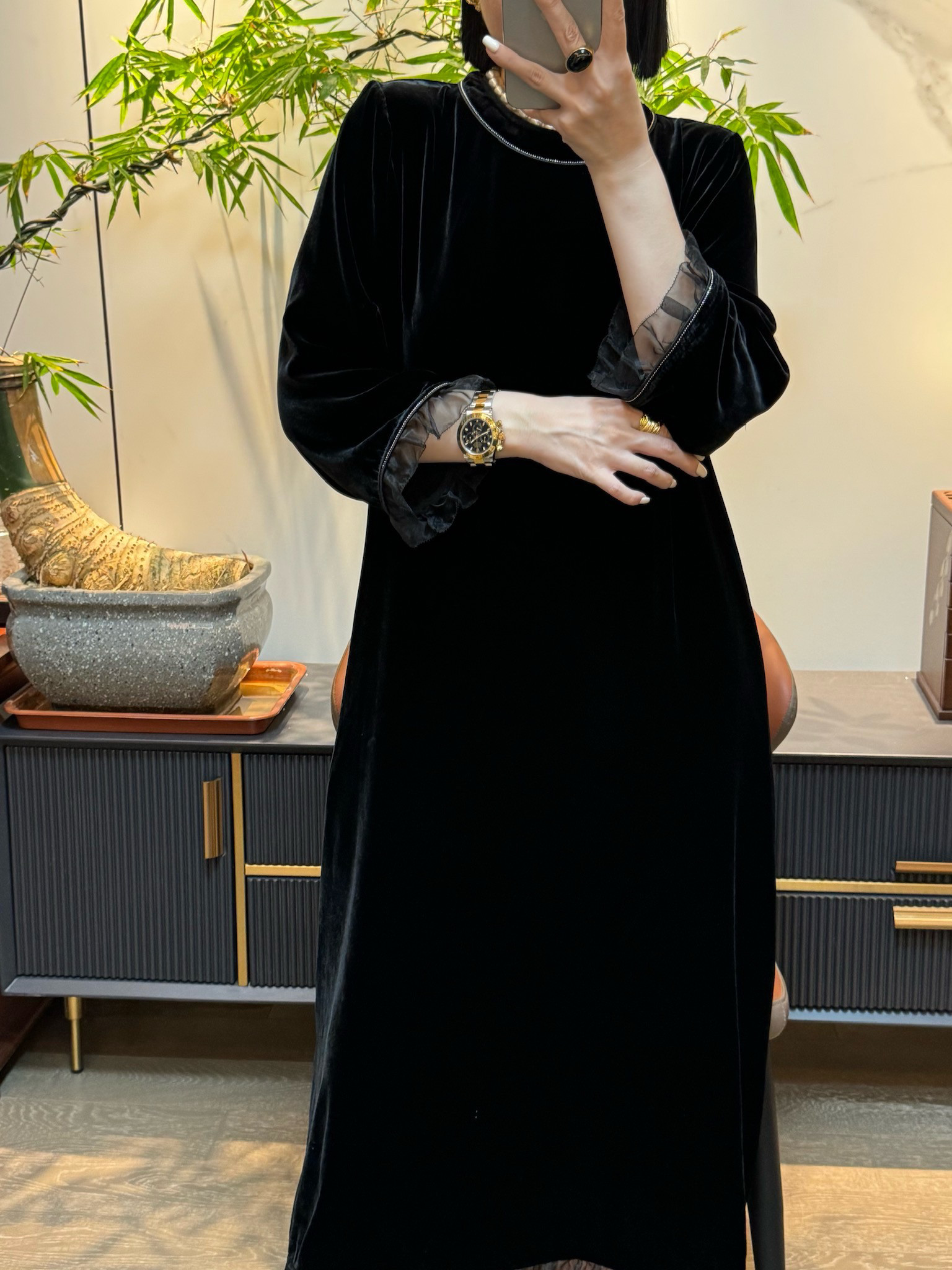 2024秋季新款女装真丝丝绒拼接欧根纱连衣裙气质圆领长袖欧货显瘦