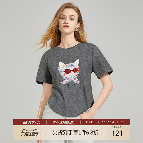 她图卡通猫咪印花时尚短袖T恤女2025夏季新款设计感显瘦洋气上衣