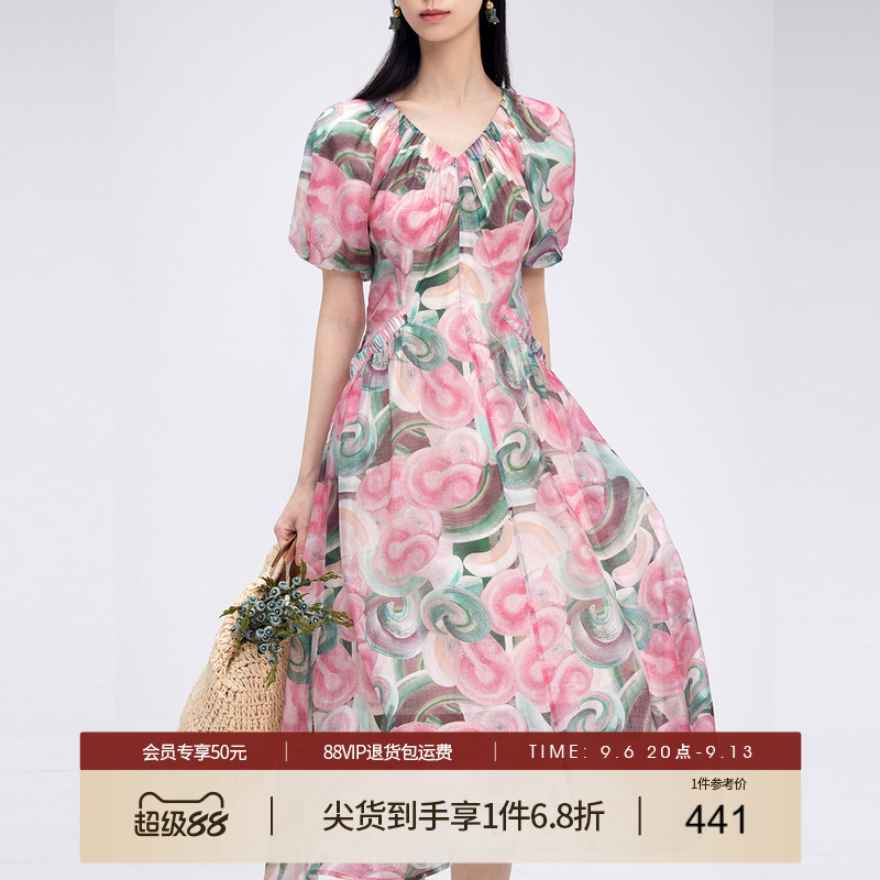 她图专柜法式印花v领连衣裙女2026夏季新款洋气收腰莱赛尔A字裙子图片