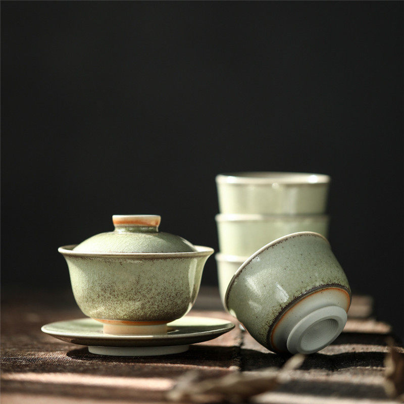 景德镇手工茶香志野绿三才盖碗冰裂釉窑变开片可养泡茶杯功夫茶具