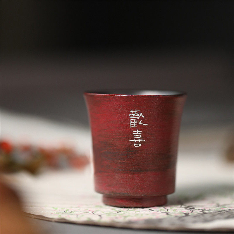 景德镇手作鎏银文人主人杯赤红古拙刻诗陶泥茶杯故宫红闻香杯茶具