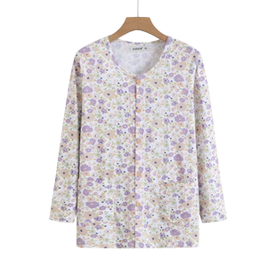 上衣女对襟系扣碎花薄款 妈妈宽松大码 空调秋衣 开衫 中老年纯棉长袖