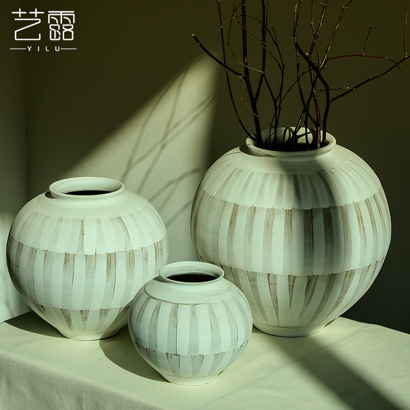 日式大肚陶瓷花瓶新中式侘寂风客厅插花装饰圆陶罐白粗陶禅意摆件