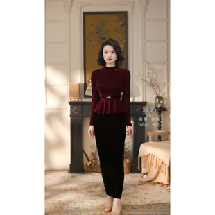 彩彩家【南阳千金】冬季新款黑红双拼贵气修身显瘦知性优雅连衣裙