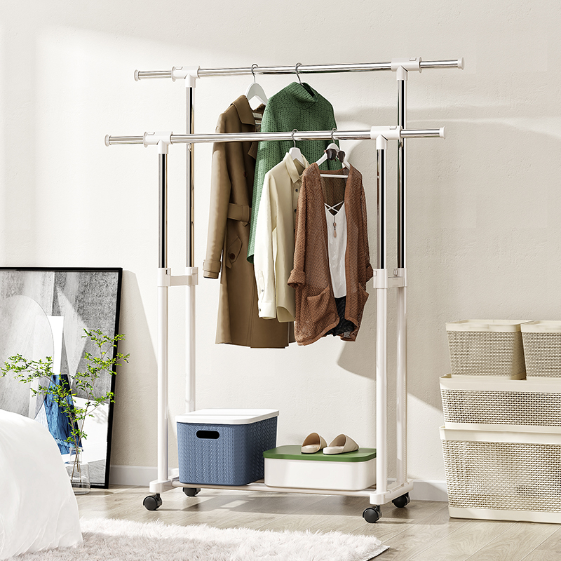 室内挂衣架落地卧室加粗加厚伸缩挂衣杆简易家用衣帽架双杆晾衣架