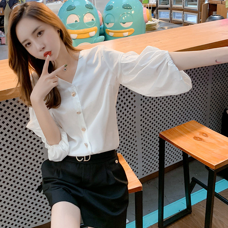 春夏韩版女七分袖V领白色衬衫宽松灯笼袖娃娃衫百搭衬衣上衣小衫