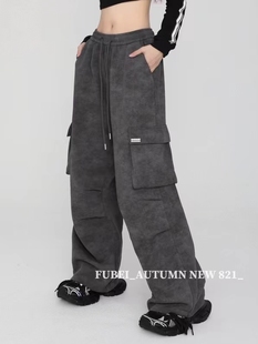 fubei芙蓓休闲裤女宽松显瘦直筒阔腿工装长裤子821酒红色