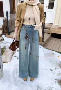 9862欧创ouc牛仔裤加绒加厚冬季新款阔腿裤九分裤女直筒裤