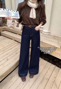 2191欧创ouc牛仔裤女2025冬新款加绒加厚休闲阔腿裤女广州原版
