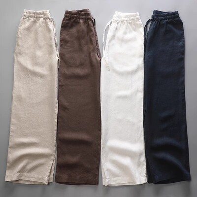 纯亚麻九分阔腿裤女夏薄棉麻裤