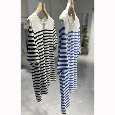 针织天丝亚麻条纹圆领短袖T恤女夏薄款清凉透气宽松大码休闲上衣