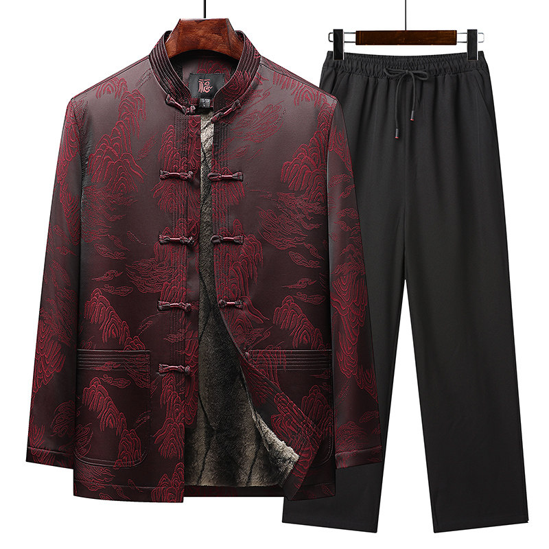 唐装加绒加厚爸爸套装中国风汉服
