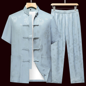 老人爷爷夏装 冰丝唐装 中老年人中国风爸爸休闲薄款 衬衫 男短袖 套装