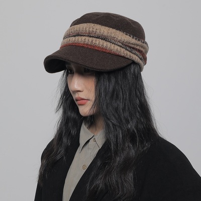 WORLDWIDE 复古小众设计师款毛呢平顶帽民族风显脸小马术帽鸭舌帽