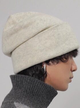 WORLDWIDE/大头围显脸小羊绒纯色宽松针织堆堆帽保暖护耳毛线帽潮