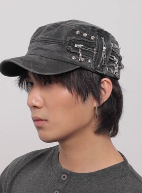 WORLDWIDE/小众街头y2k亚文化金属拉链平顶帽水洗做旧复古鸭舌帽