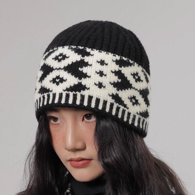 韩国小众复古提花大头围针织帽